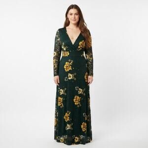 Toleen 3X Green Floral Lace Long Sleeve V Neck Maxi Dress Wedding Formal Luxe